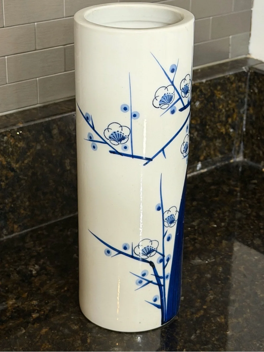 Vintage Asahi Japan Hand-Painted Porcelain Cylinder Vase | Japandi Chinoiserie